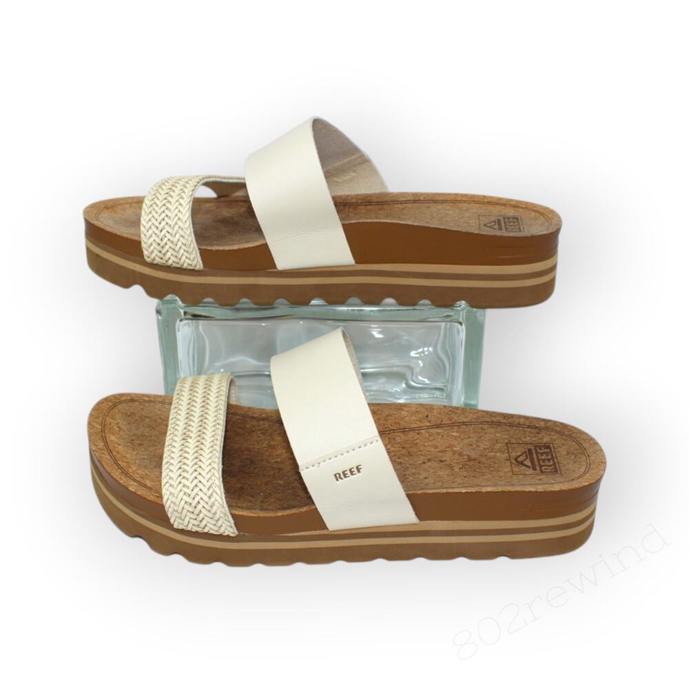 Reef Cushion Vista Hi Women 12 Arch Support Sandals Cream Cork Chunky Lug Vegan - Picture 4 of 15